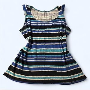 Crown & Ivy Ruffled Sleeve Tank, Black Blue White Stripes, Size L
